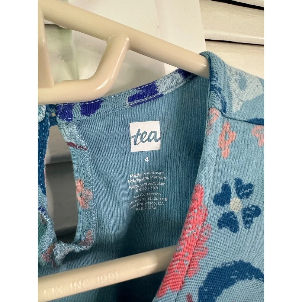 Tea Collection Size 4 Turkey Blue Curved Waist Hariz Rug Floral LS Dress